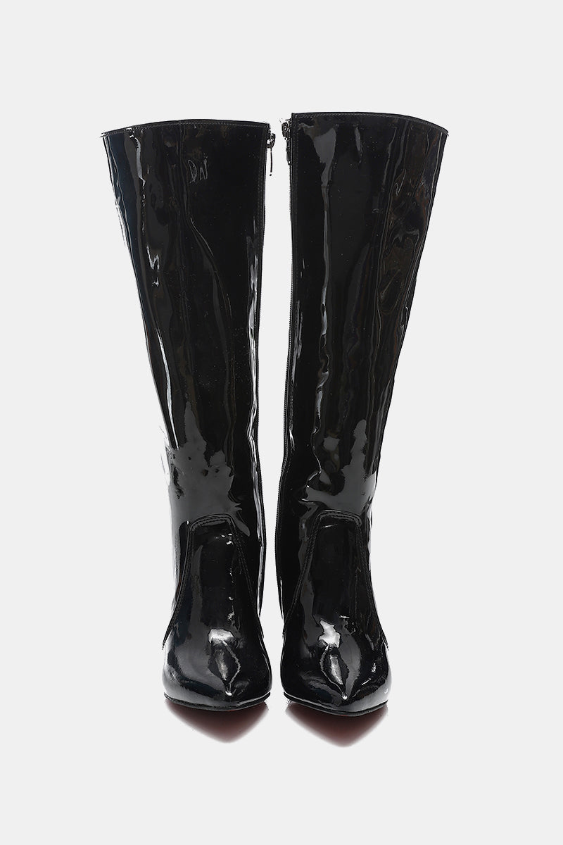 GLOSSY BLACK KNEE-HIGH BOOTS