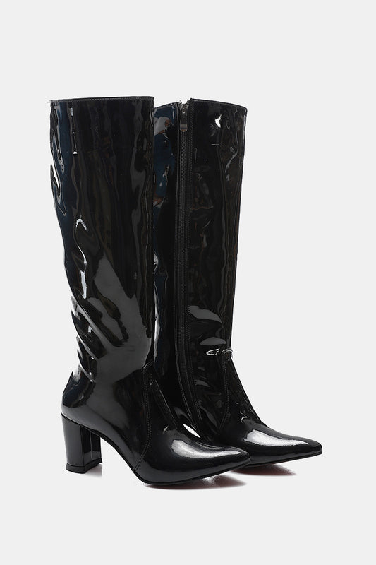 GLOSSY BLACK KNEE-HIGH BOOTS