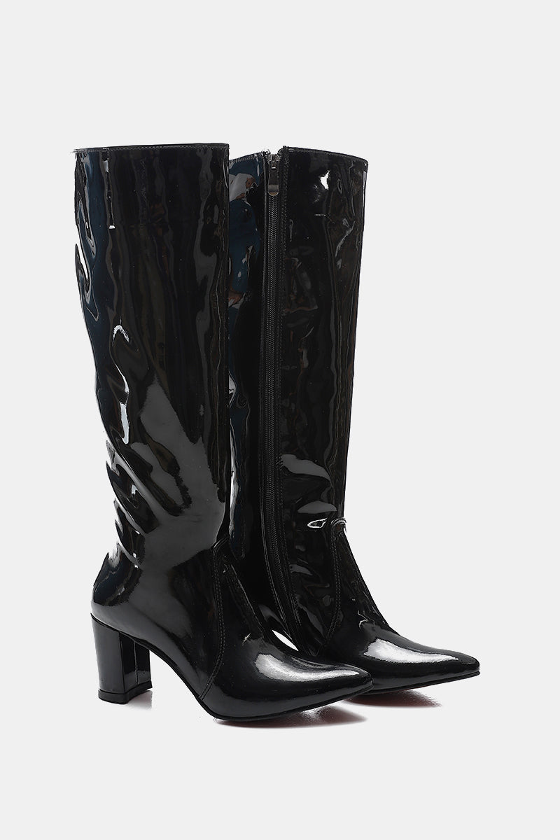 GLOSSY BLACK KNEE-HIGH BOOTS