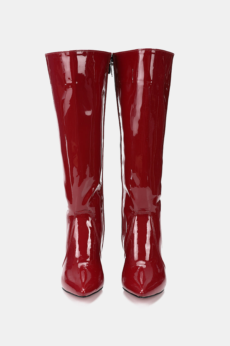 GLOSSY RED KNEE-HIGH BOOTS