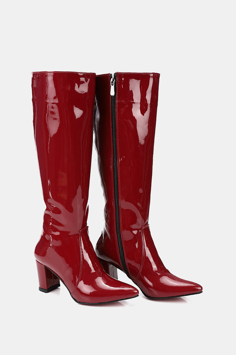 GLOSSY RED KNEE-HIGH BOOTS