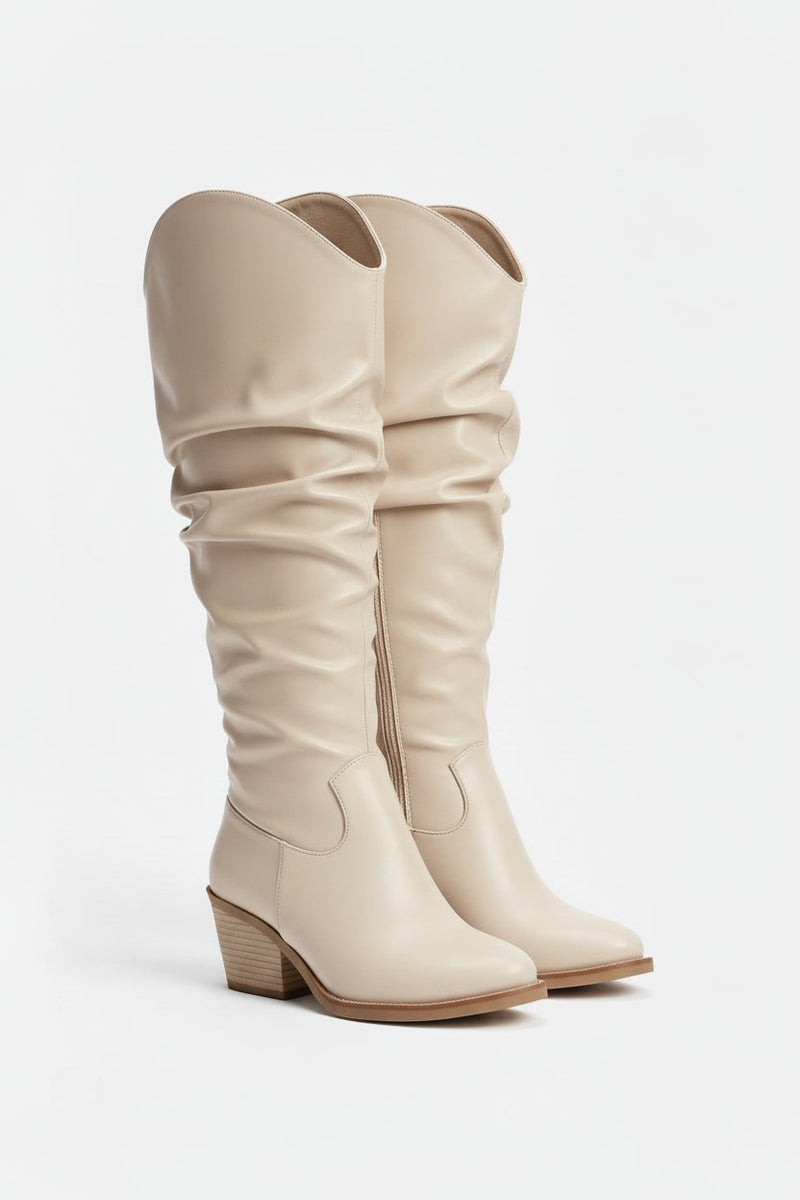 Beige Leather Knee - High Boots - Amza - 37