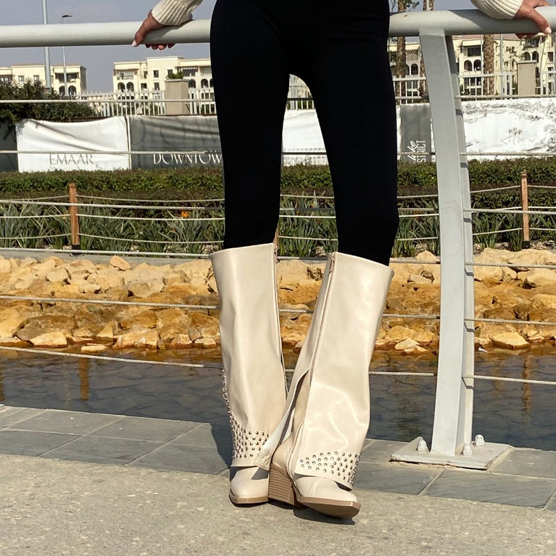 Beige Leather Studded Overlay Boots - Amza - 37