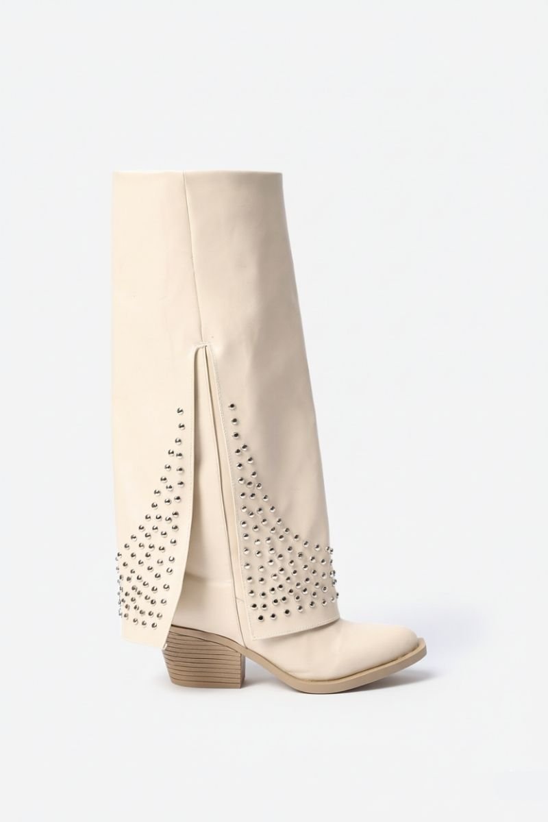 Beige Leather Studded Overlay Boots - Amza - 37