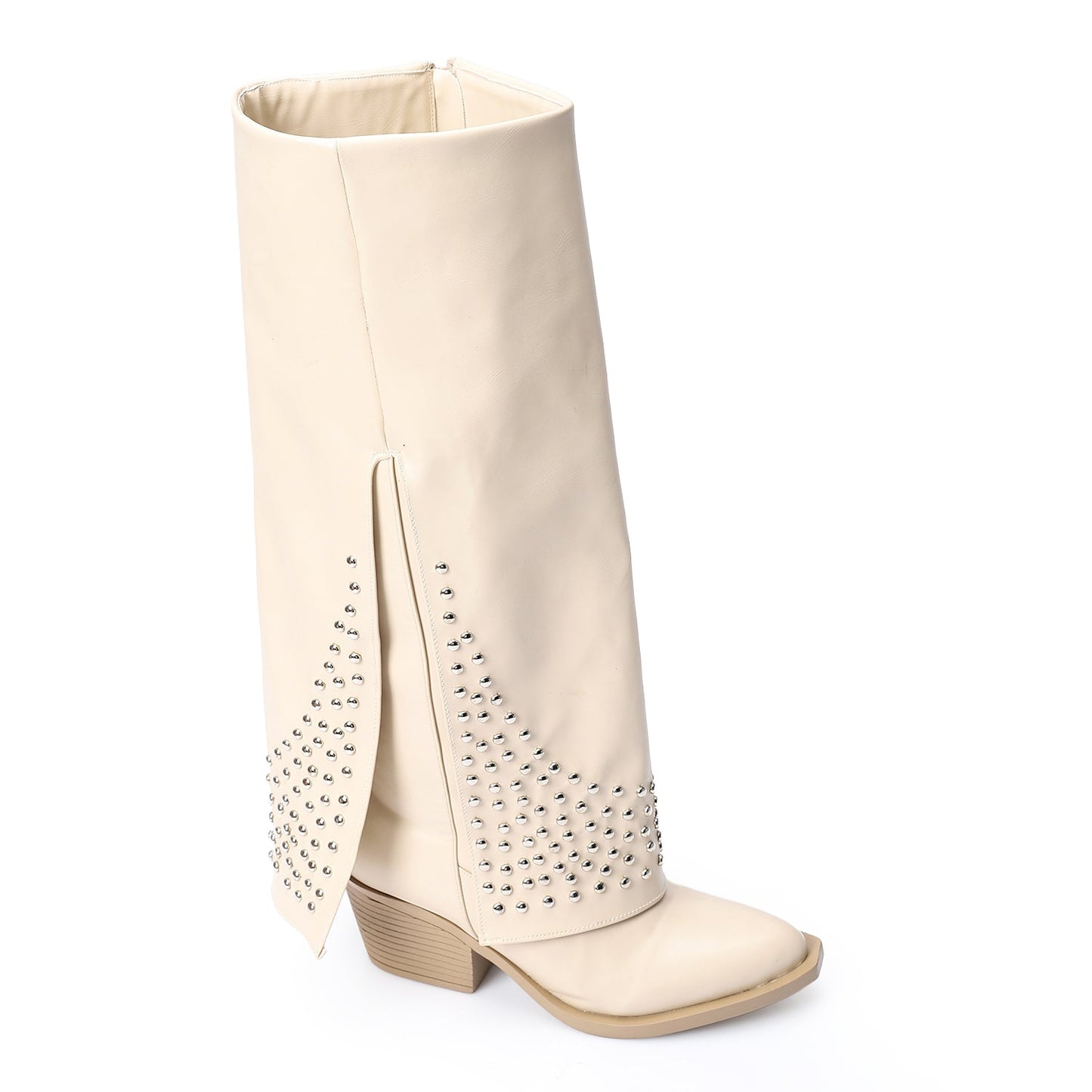 Beige Leather Studded Overlay Boots - Amza - 37