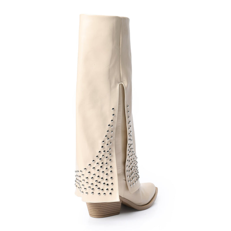 Beige Leather Studded Overlay Boots - Amza - 37