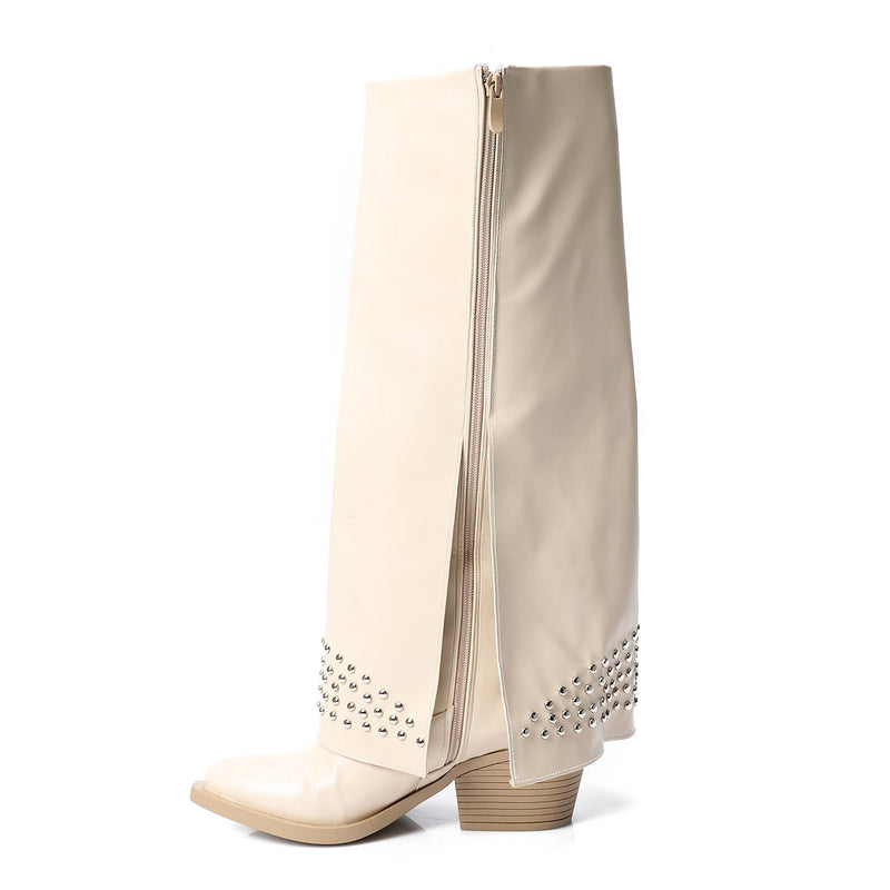 Beige Leather Studded Overlay Boots - Amza - 37