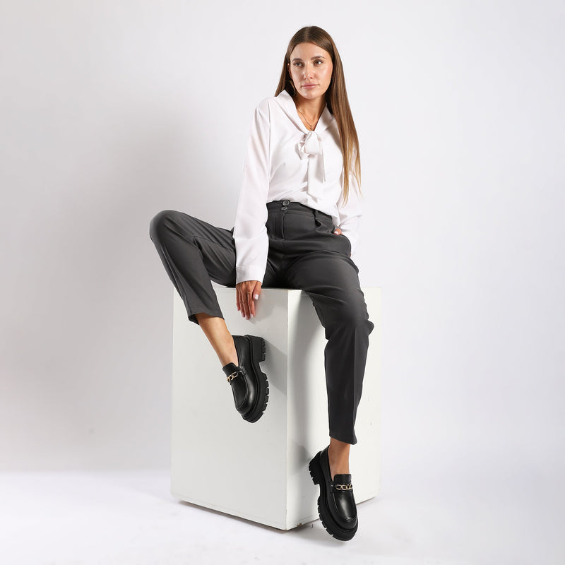 Black Leather Chunky Chain Loafers - Amza - 37