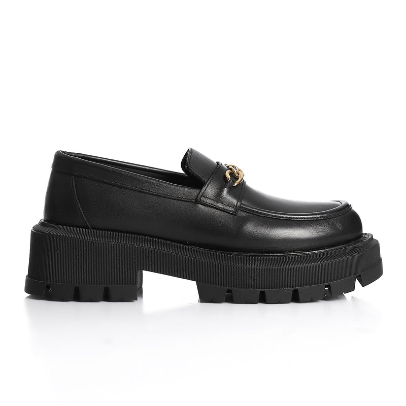Black Leather Chunky Chain Loafers - Amza - 37