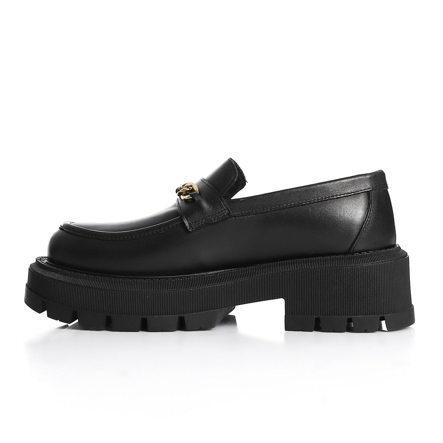 Black Leather Chunky Chain Loafers - Amza - 37