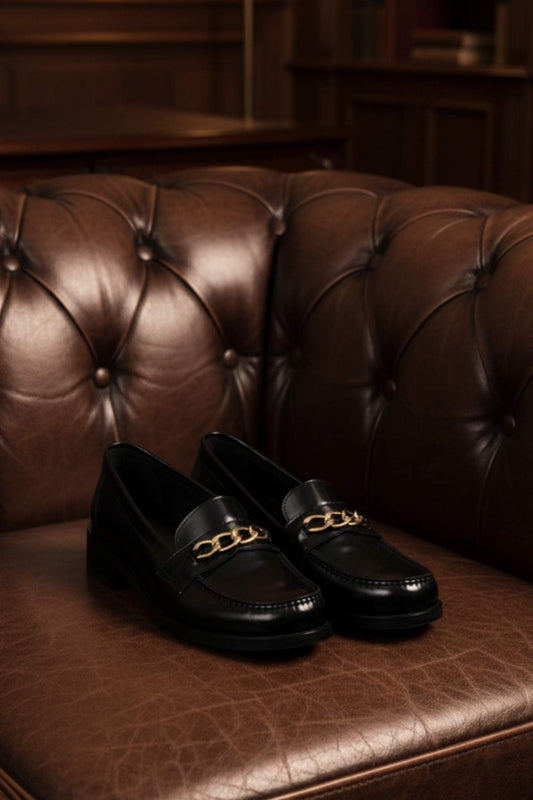 Black Leather Heeled Penny Chain Loafers - Amza - 37