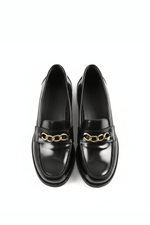 Black Leather Heeled Penny Chain Loafers - Amza - 37
