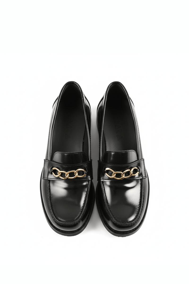Black Leather Heeled Penny Chain Loafers - Amza - 37