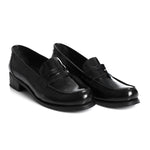 Black Leather Heeled Penny Loafers - Amza - 37