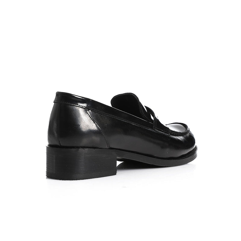 Black Leather Heeled Penny Loafers - Amza - 37