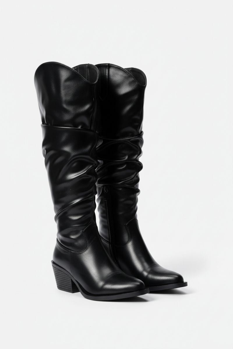 Black Leather Knee - High Boots - Amza - 37