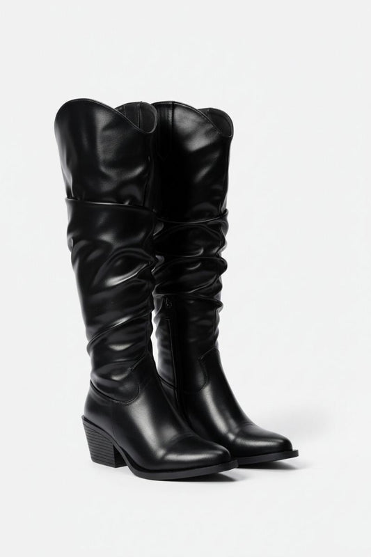 Black Leather Knee - High Boots - Amza - 37