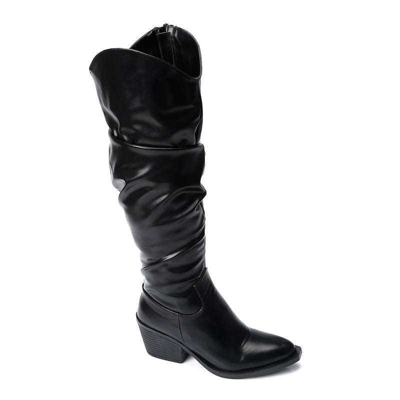 Black Leather Knee - High Boots - Amza - 37
