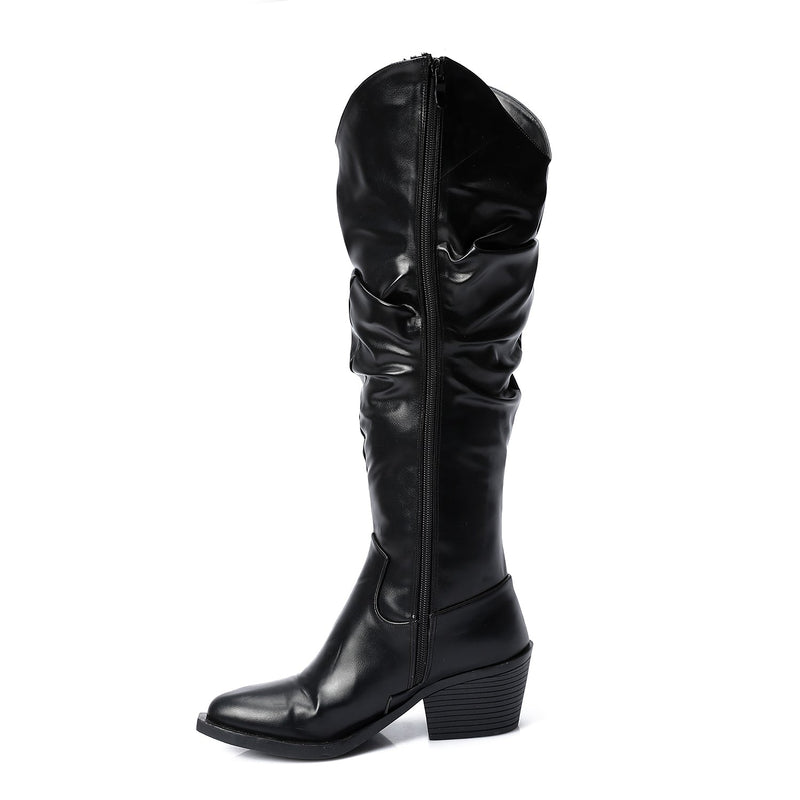 Black Leather Knee - High Boots - Amza - 37