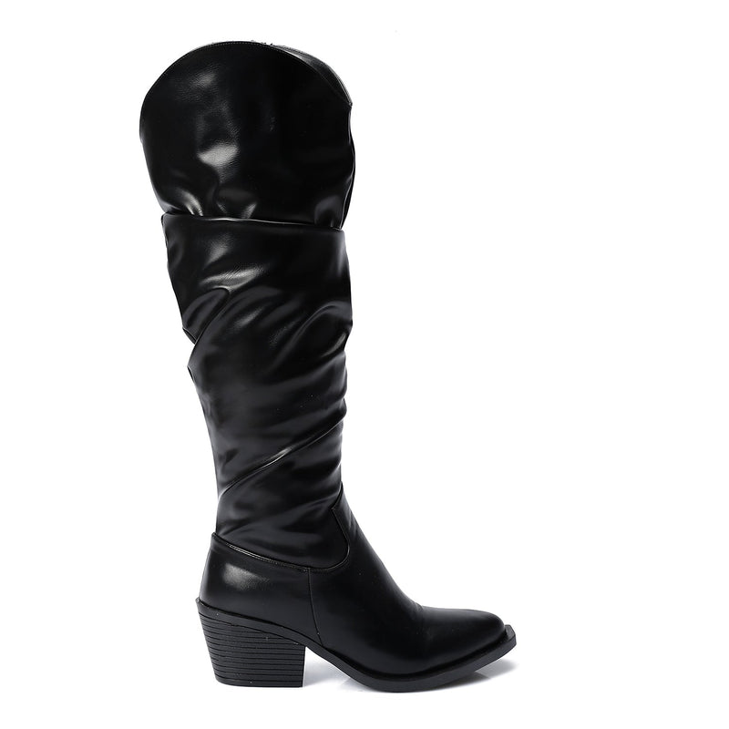Black Leather Knee - High Boots - Amza - 37