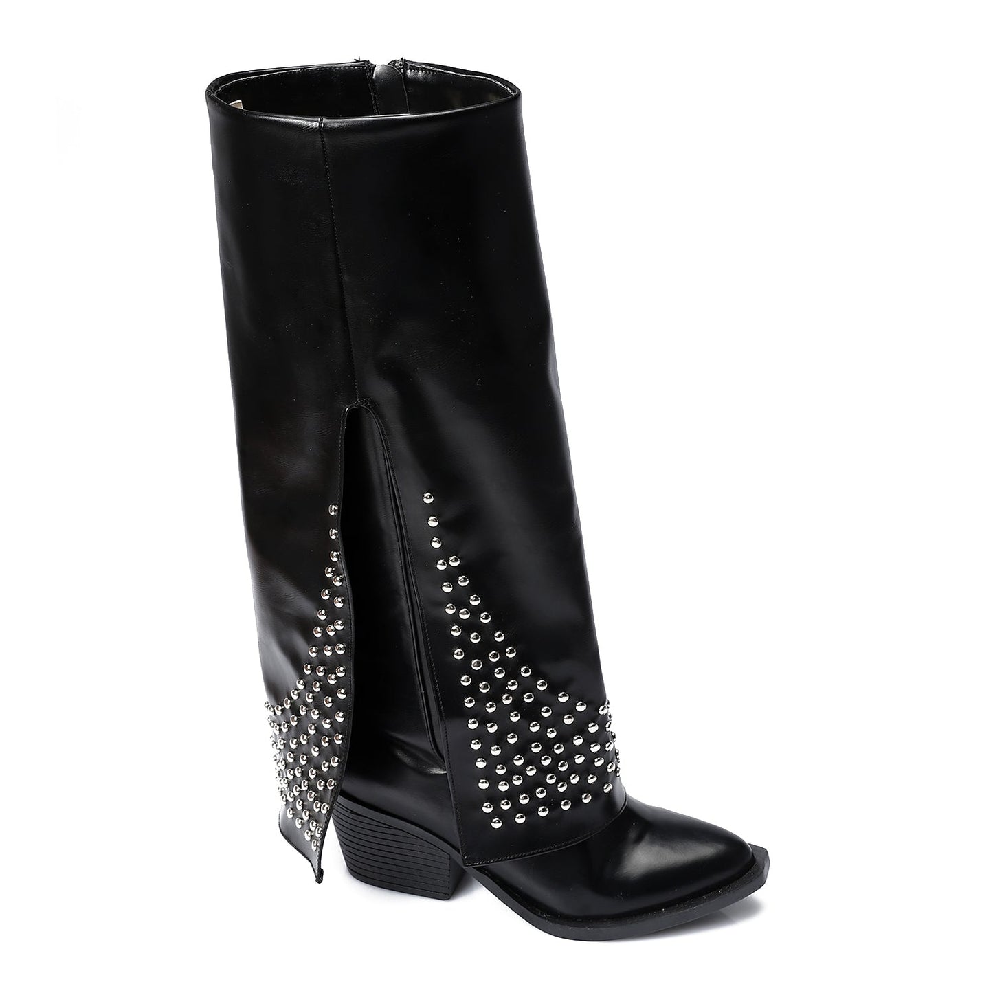 Black Leather Studded Overlay Boots - Amza - 37