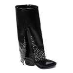Black Leather Studded Overlay Boots - Amza - 37