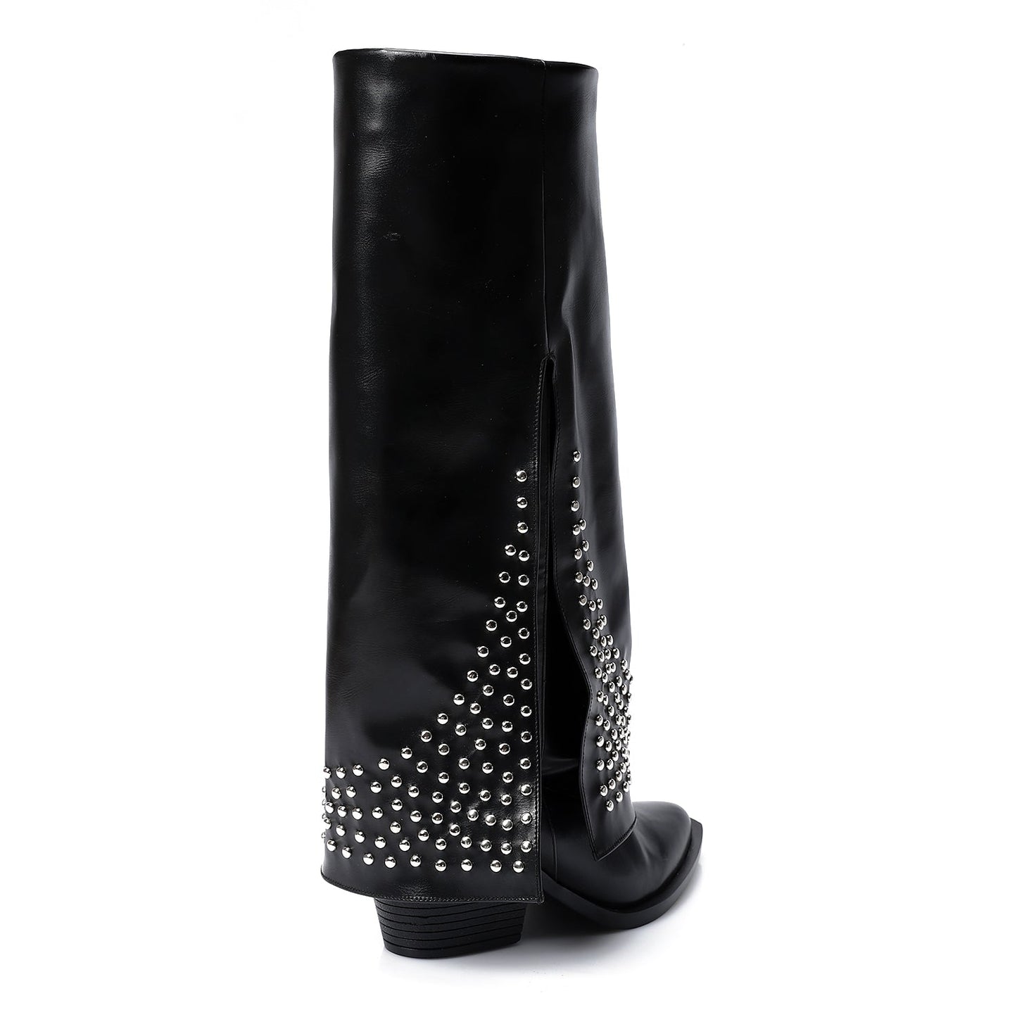 Black Leather Studded Overlay Boots - Amza - 37