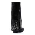 Black Leather Studded Overlay Boots - Amza - 37