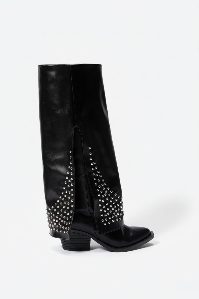 Black Leather Studded Overlay Boots - Amza - 37