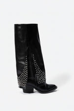 Black Leather Studded Overlay Boots - Amza - 37