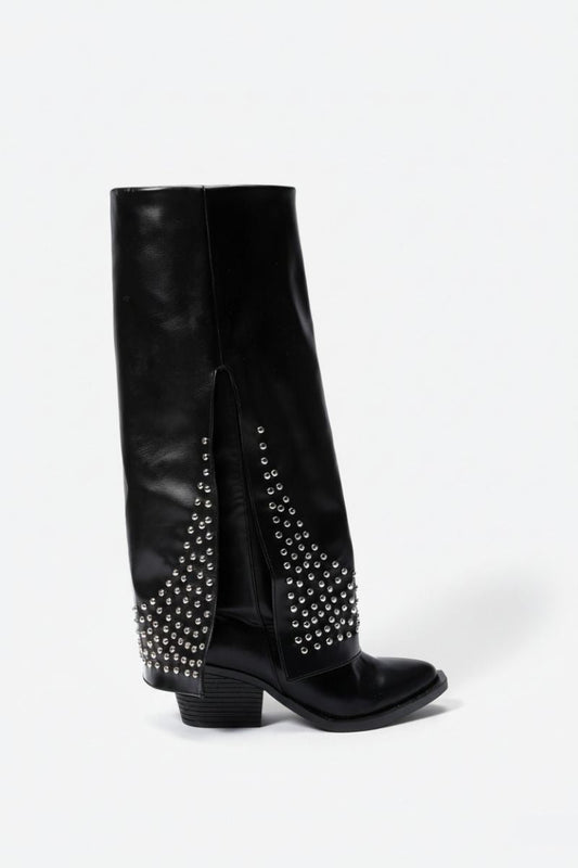 Black Leather Studded Overlay Boots - Amza - 37
