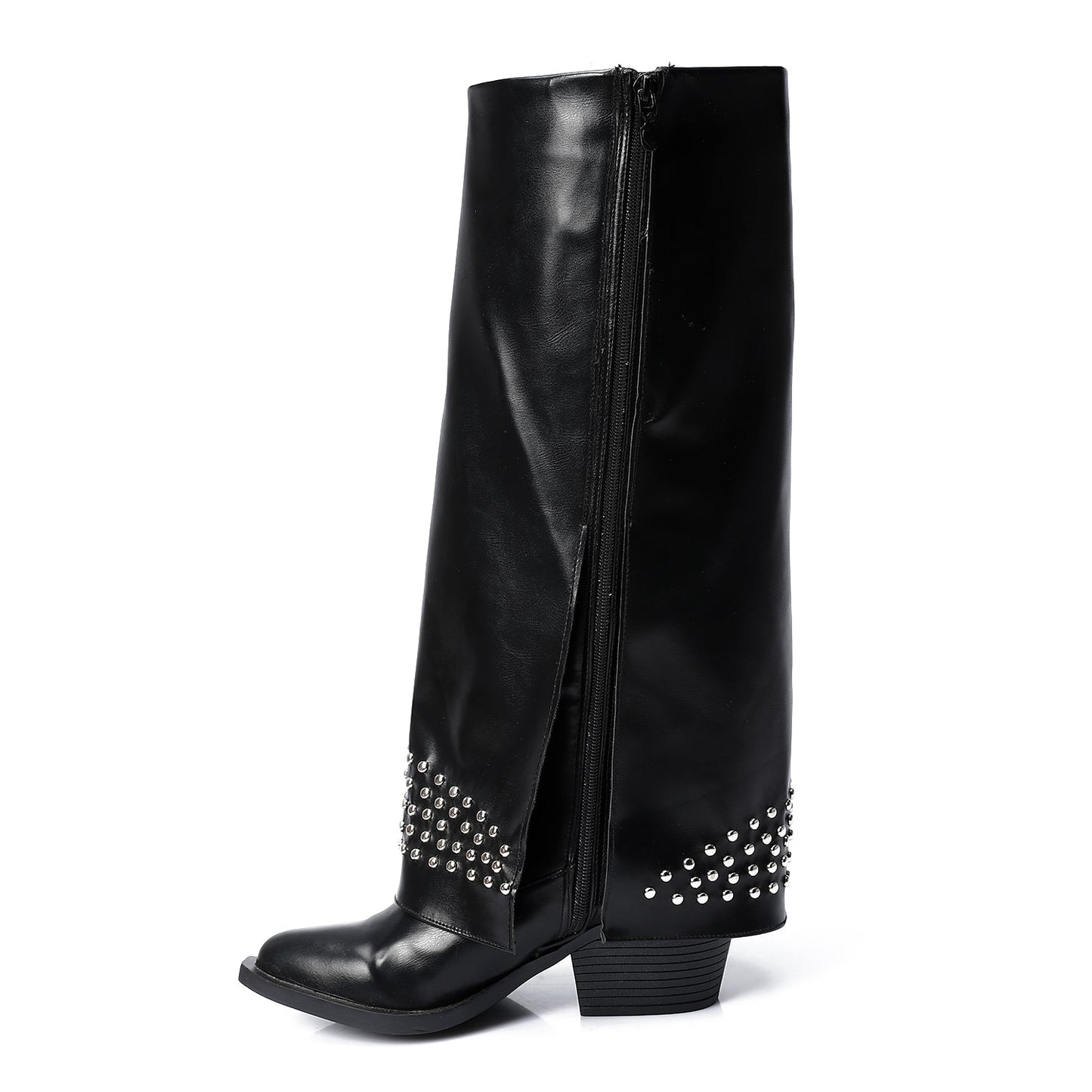 Black Leather Studded Overlay Boots - Amza - 37
