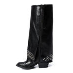 Black Leather Studded Overlay Boots - Amza - 37