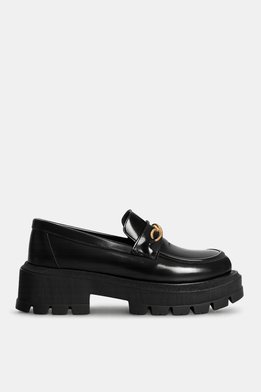 Black Verne Leather Chunky Chain Loafers - Amza - 37