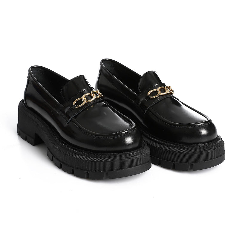 Black Verne Leather Chunky Chain Loafers - Amza - 37