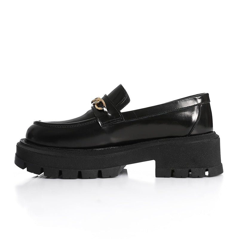 Black Verne Leather Chunky Chain Loafers - Amza - 37