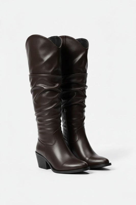 Brown Leather Knee - High Boots - Amza - 37