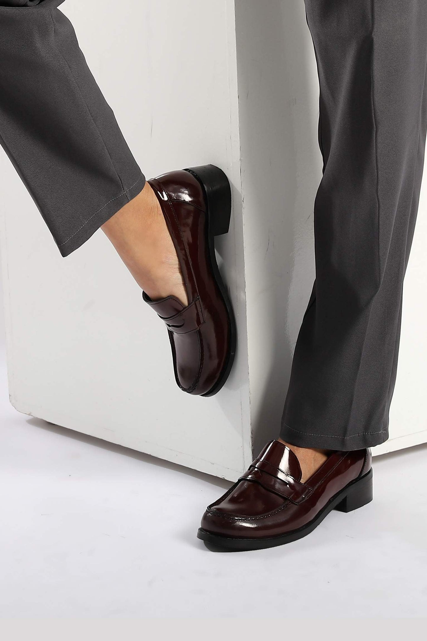 Burgundy Leather Heeled Penny Loafers - Amza - 37