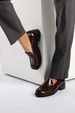 Burgundy Leather Heeled Penny Loafers - Amza - 37