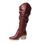 Cherry Red Leather Knee - High Boots - Amza - 37