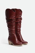 Cherry Red Leather Knee - High Boots - Amza - 37