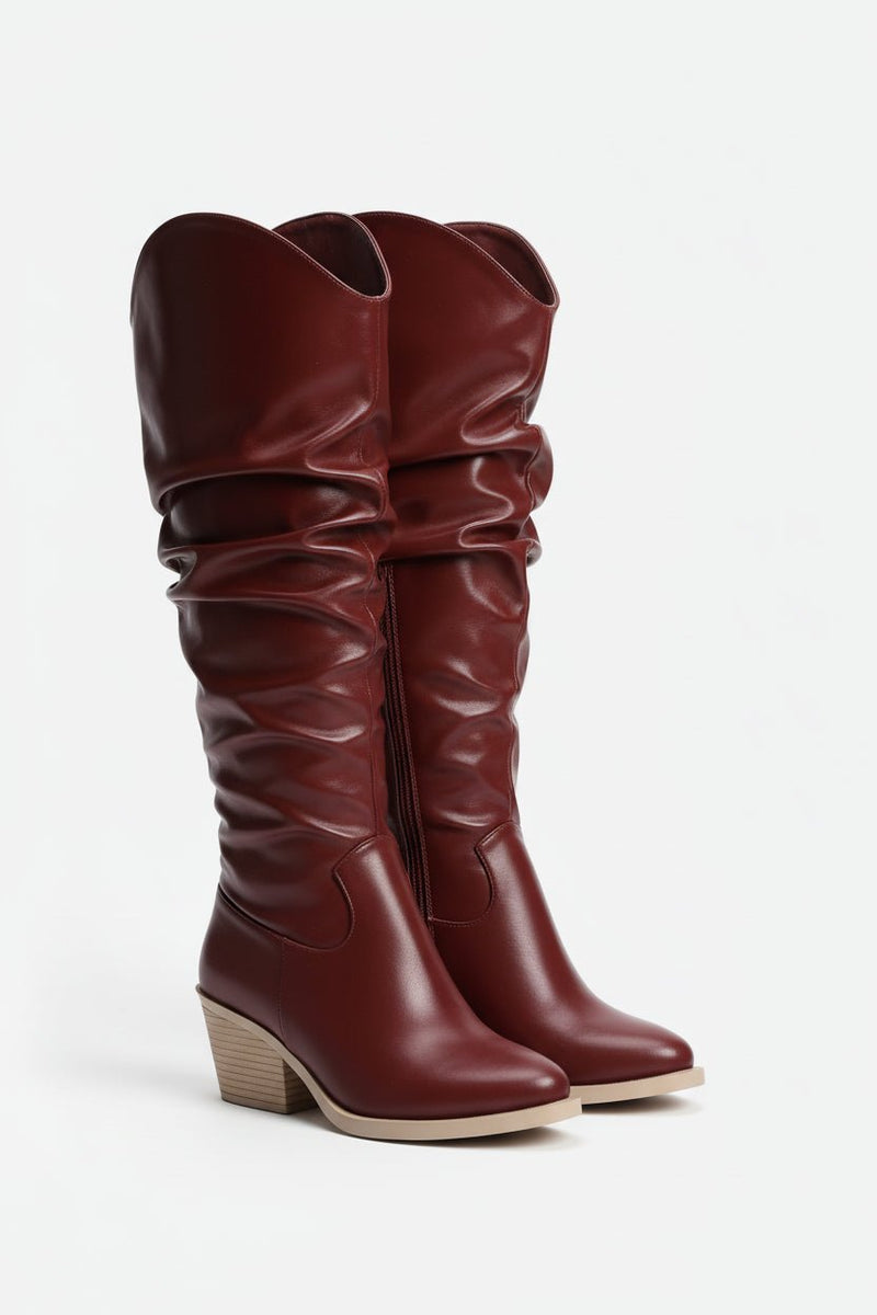 Cherry Red Leather Knee - High Boots - Amza - 37