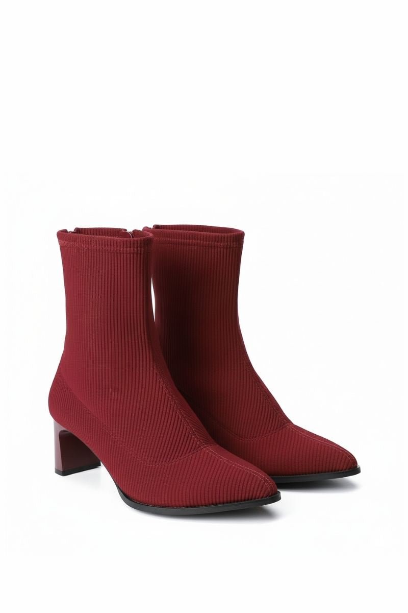 Cherry Red Ribbed Ankle Boot - Amza - 37