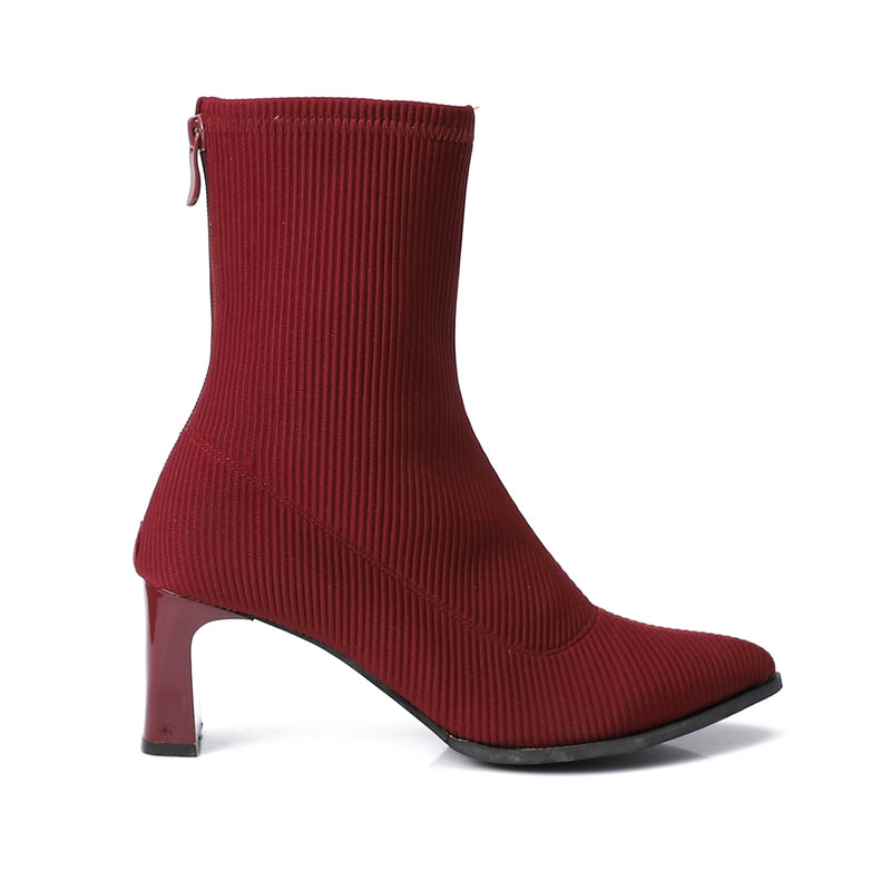 Cherry Red Ribbed Ankle Boot - Amza - 37