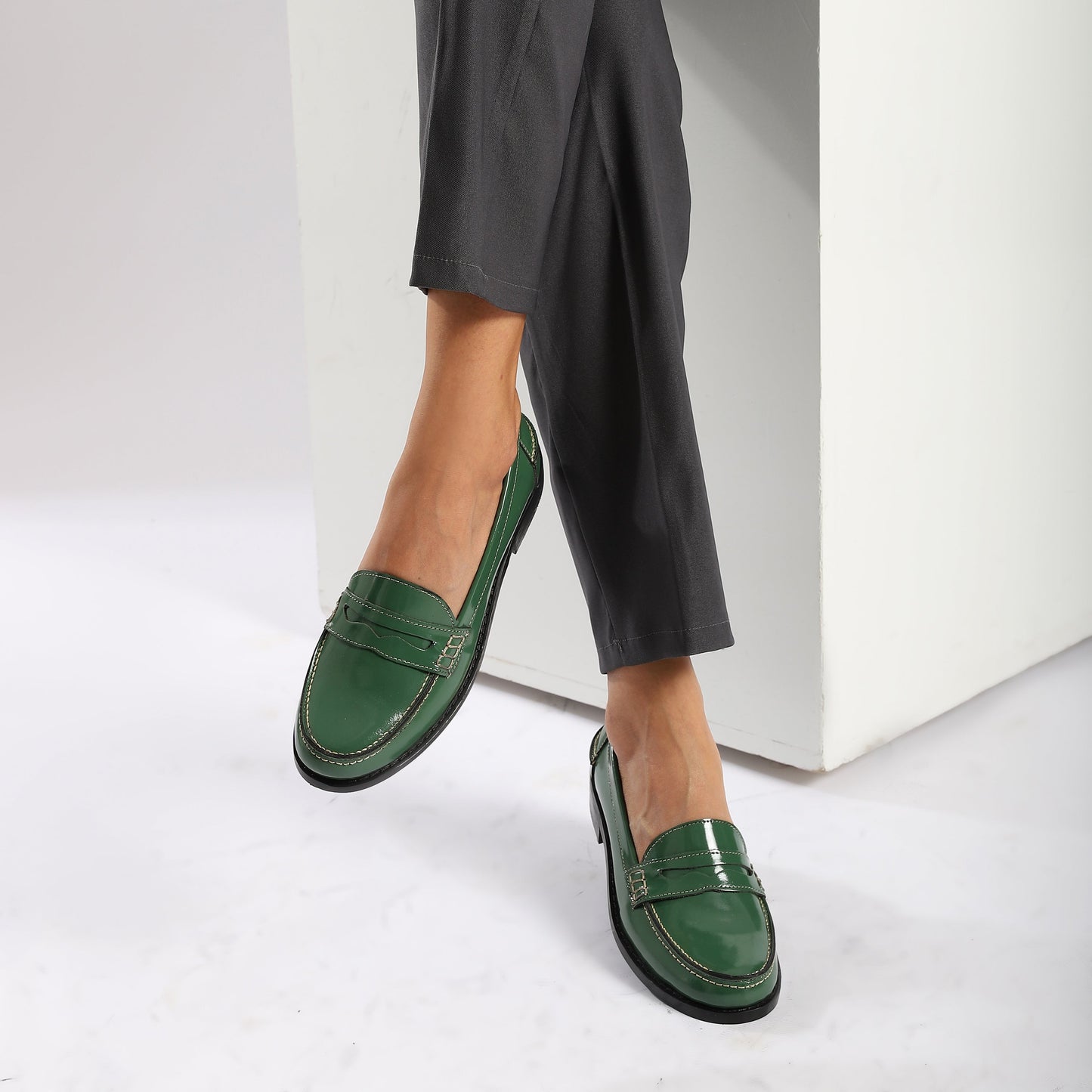 Green Leather Penny Loafers - Amza - 37