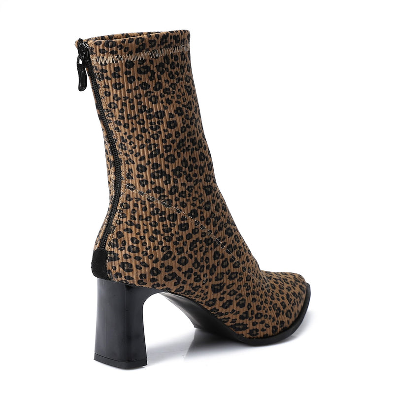 Leopard Print Ribbed Ankle Boot - Amza - 37