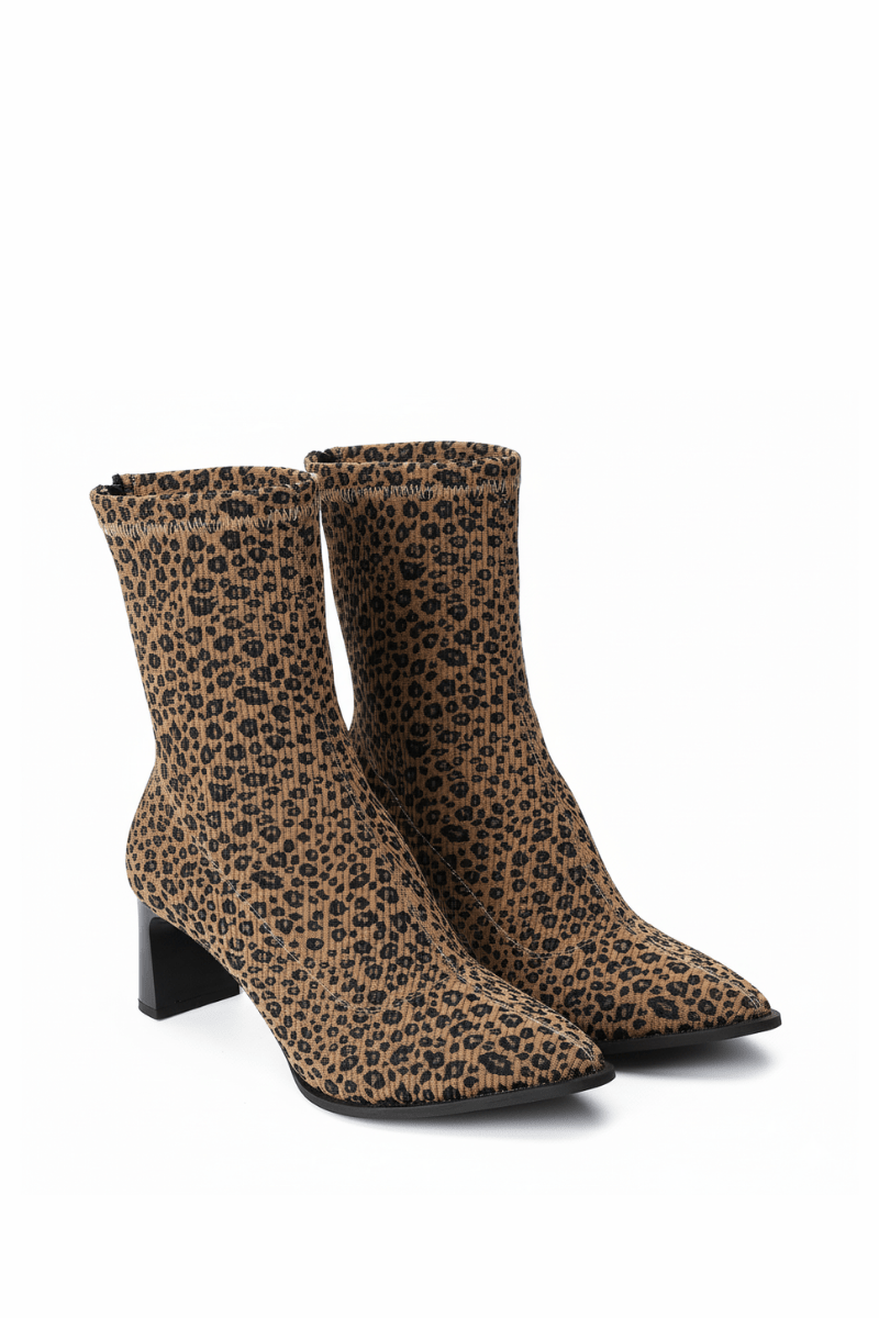 Leopard Print Ribbed Ankle Boot - Amza - 37