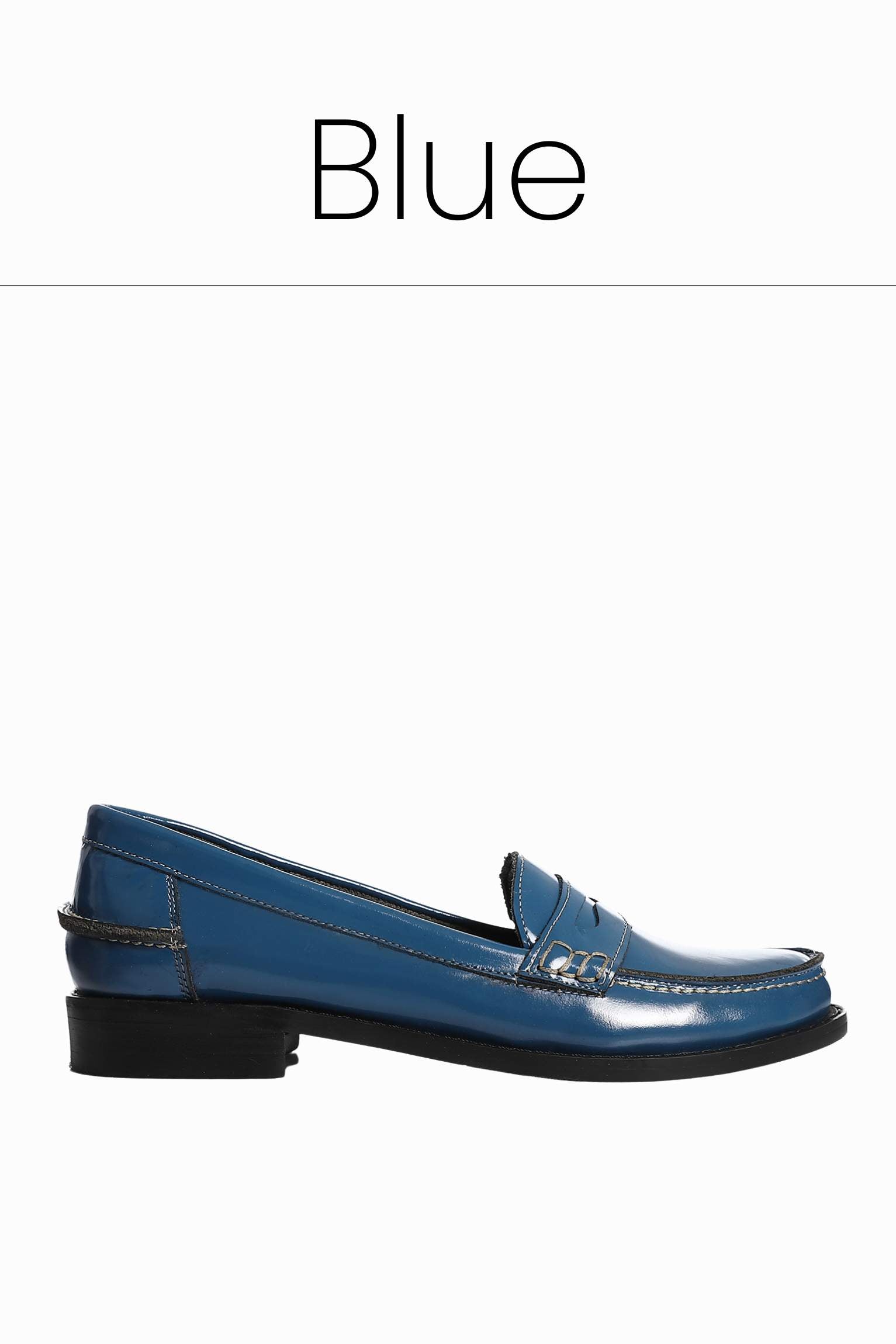 Blue leather penny loafers